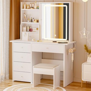 DYHOME Makeup Vanity Desk with Mirror and Lights & Charging Station, with 6 Drawers, Jewelry Storage, Make Up Table Set, Makeup Desk Stool Included - 1 of 4