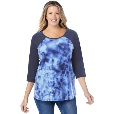 Woman Within Plus Size Three-Quarter Sleeve Baseball Tee