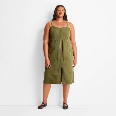 Women's Nylon Zip-Front Midi Dress - Future Collective Olive Green
