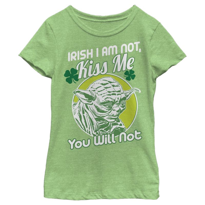 Girl's Star Wars St. Patrick's Day Yoda I am Not Irish Kiss Me You Will Not T-Shirt, 1 of 5