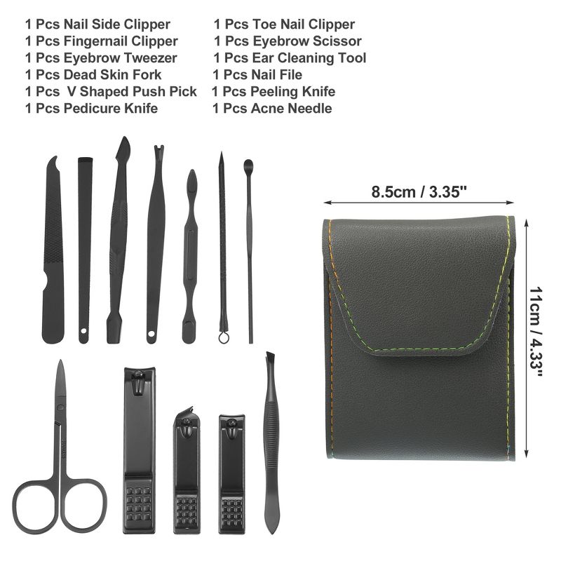 Unique Bargains Stainless Steel Pedicure Nail Clippers Scissors Tool Set for Men Women Black with Gray PU Leather 12 Pcs, 2 of 4