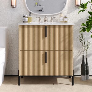 Lyngins 30" Bathroom Vanity with Ceramic Sink and Full-Extension Drawers, Modern Fluted Design Bathroom Storage Cabinet for Vanity Bathroom - 1 of 4