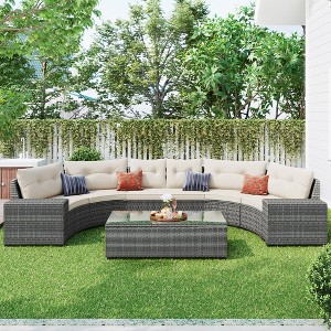 8-pieces Outdoor Half-Moon Wicker Round Sofa Set, All Weather Curved Sofa Set With Rectangular Coffee Table, Beige - 1 of 4