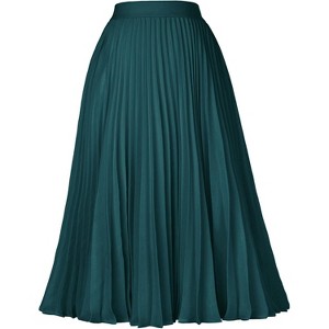 A-Line Swing Skirt for Women, High Elastic Waist Pleated Chiffon Midi Blackish Green - 1 of 4