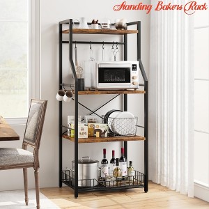 Standing Bakers Rack, Microwave Stand with Large Wire Basket, Industrial Coffee Bar Station with Hooks - 1 of 4