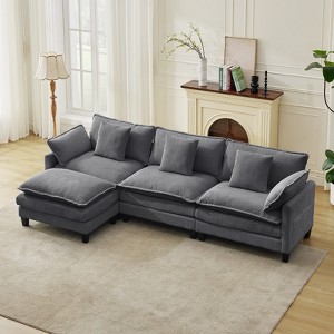 130''  Modular Sectional Sofa, 3 Seater Corduroy Couch with Ottoman & Throw Pillows, Modern Grey L-Shaped Sofa,Cloud Deep Seat Couch for Living Rooms - 1 of 4