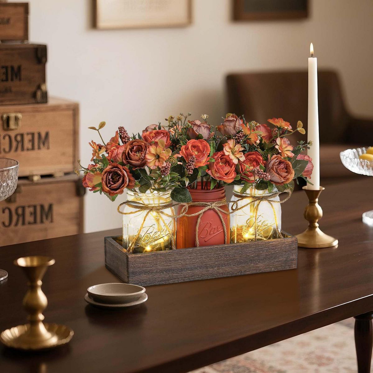3 PCS Mason Jar Centerpiece for Table with Artificial Flowers, Coffee Table Decor with Wood Tray, Summer Decoration For Dining Room Kitchen - thumbnail 4