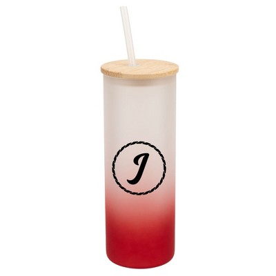 Elanze Designs J Monogram Letter Initial Rope Circle Wrap-Around Design 25 Ounce Frosted Gradient Glass On-The-Go Coffee Travel Skinny Tumbler Mug