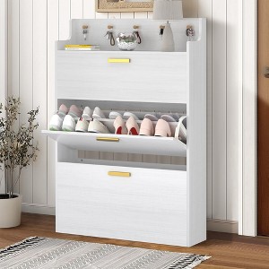 VECELO Shoe Cabinet with 2 Flip Drawers, Freestanding Narrow Hidden Storage Organizer with Hooks for Entryway or Hallway, Black/White - 1 of 4