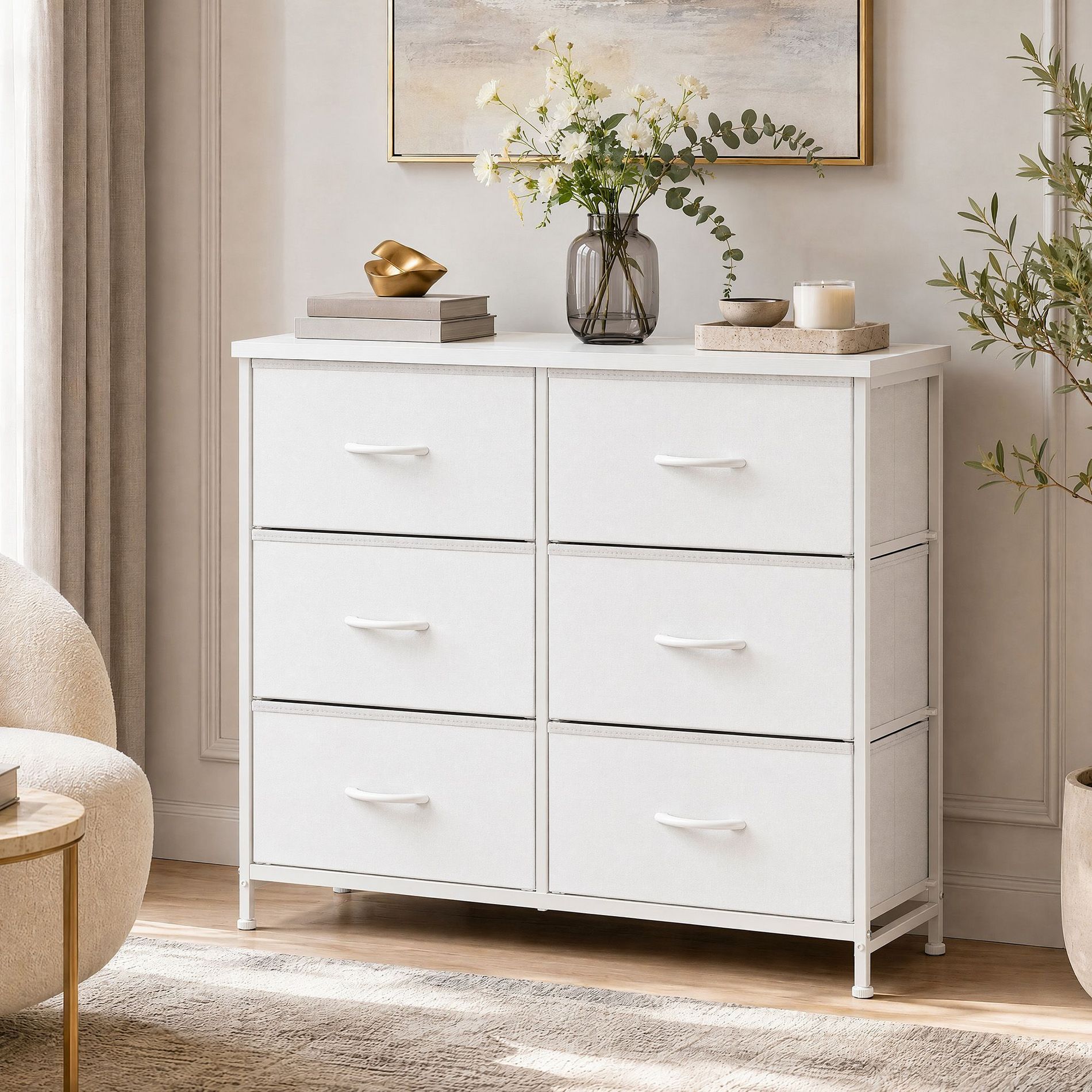 JIONJOY 6-Drawer Storage Dresser with Wood Top & Metal Frame, Fabric Storage for Bedroom, Closet，White
