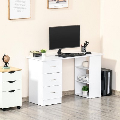 INFURNIC Desks Modern Writing Desk with 3 Drawers and 3 Tier Bookcase for Home Office Storage and Organization, White, 47.3"*19.3"*28.3"