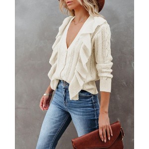 Womens V Neck Button Down Sweaters Tops Casual Long Sleeve Ruffle Knit Cardigan - 1 of 4