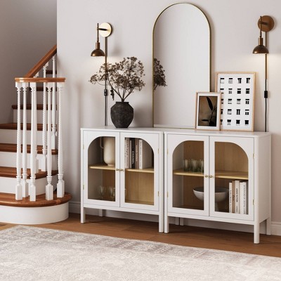 White and Light Oak Glass Door Storage Cabinet with Brass Handles