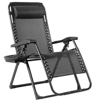 Outdoor Adjustable Folding Lounge Chair with Pillows & Cup Holder - Black - WELLFOR