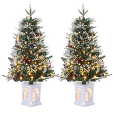 3ft Pre-Lit Christmas Tree Set of 2, Artificial Christmas Trees, Snow Flocked Prelit Xmas Tree with Base,Timer Function,for Indoor Outdoor Decoration