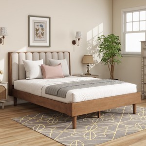 Modern Bed Frame with Upholstered Headboard, Sturdy Platform Bed Frame with Solid Wood Legs for Bedroom – The Pop Home - 1 of 4