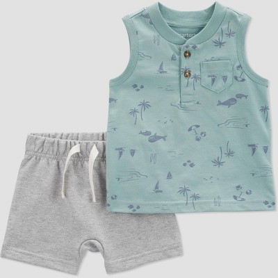 Image of Carter's Just One You® Baby Boys' Beach Scene Top & Bottom Set - Green 3M