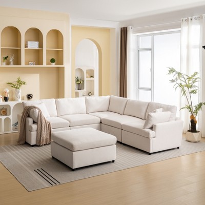 100"W U-Shape Sectional Sofa, 6-Seater Modern Large Sofa Couch with Removable Ottomans 4L, Beige/Gray -ModernLuxe