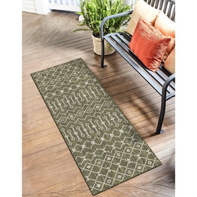 Green/Ivory Geometric Synthetic 2' x 8' Outdoor Runner