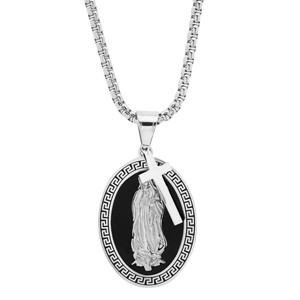 Steeltime 24" Men's stainless steel and black enamel Lady of Guadalupe and cross pendant with greek key accents - 1 of 4