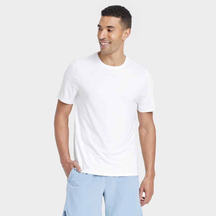 White colored short-sleeve t-shirt with a round neckline.