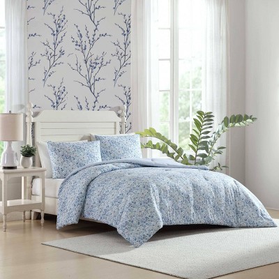 Twin Blue Cotton Reversible Floral Bedding Set