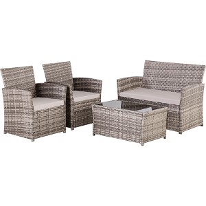 Anybear 4PC Gray PE Wicker Sectional Sofa Couch with Washable Cushions Patio Furniture Set - 1 of 4