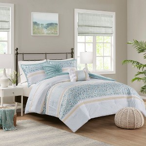 Sapphtopaz Comforter Set Farmhouse Style Seersucker Floral Print Lace Embellishment Reversible Cotton Quilt Set - 1 of 4