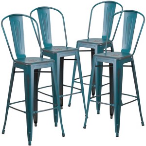 Emma and Oliver Commercial Grade 4 Pack 30" High Distressed Metal Indoor-Outdoor Barstool with Back - 1 of 4