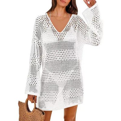 Women's Crochet Knit Beach Cover-Up - V-Neck Long Bell Sleeve Sheer Swimwear Tunic Dress