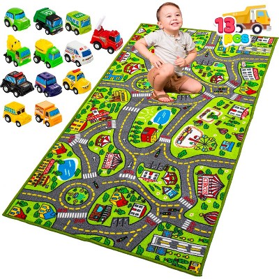 Joyfy Kids Car Play Rug for Playroom, Durable Toddler Car Track Play Mat Rug, Car Carpet with 12 Pull-Back Vehicle Set - City Pretend Play