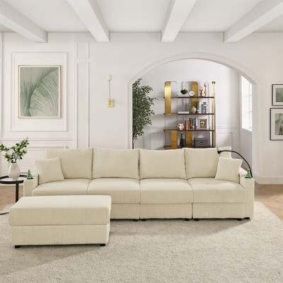 Modern 132" Corduroy L-Shaped Sectional Sofa with Storage Ottomans, Cup Holders & Phone Holder