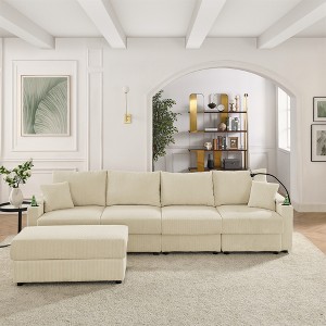 Modern 132" Corduroy L-Shaped Sectional Sofa with Storage Ottomans, Cup Holders & Phone Holder - 1 of 4