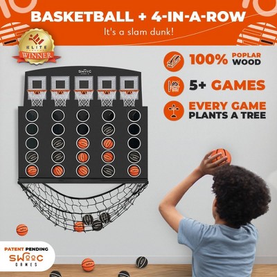 SWOOC Games - Low Post Lineup | Wall Mounted Giant Basketball 4 In A Row w/ 5  Games | Basketball Hoop For Room Wall Games | Mini Game Room Games