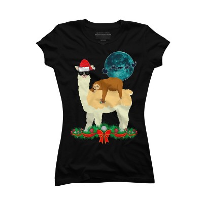 Junior's Design By Humans Llama With Glasses Sleeping Sloth Christmas Santa By TeeShirtMadness T-Shirt