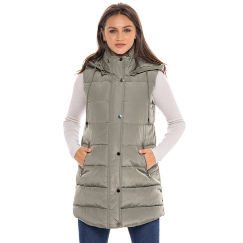 Women's Long Puffer Vest with Hood - S.E.B. By SEBBY Tan Large
