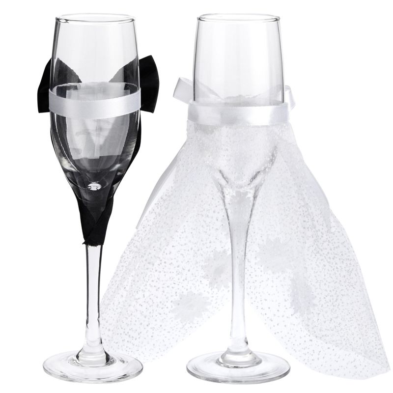Sparkle and Bash Set of 2 Mr. & Mrs. Wedding Toasting Glasses, Bride and Groom Champagne Flutes in Lace Dress Tuxedo, 5 of 9
