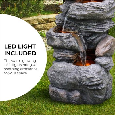 Teamson Home Gray 4-Tier Faux Stone Water Fountain with LED Lights