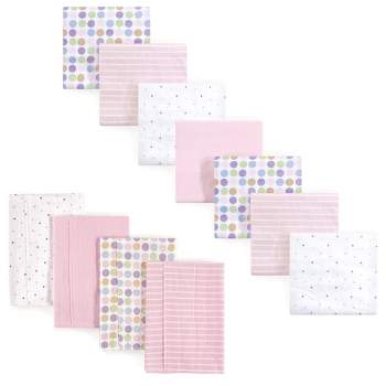 Luvable Friends Infant Girl Cotton Flannel Burp Cloths and Receiving Blankets, 11-Piece, Pink Dots, One Size