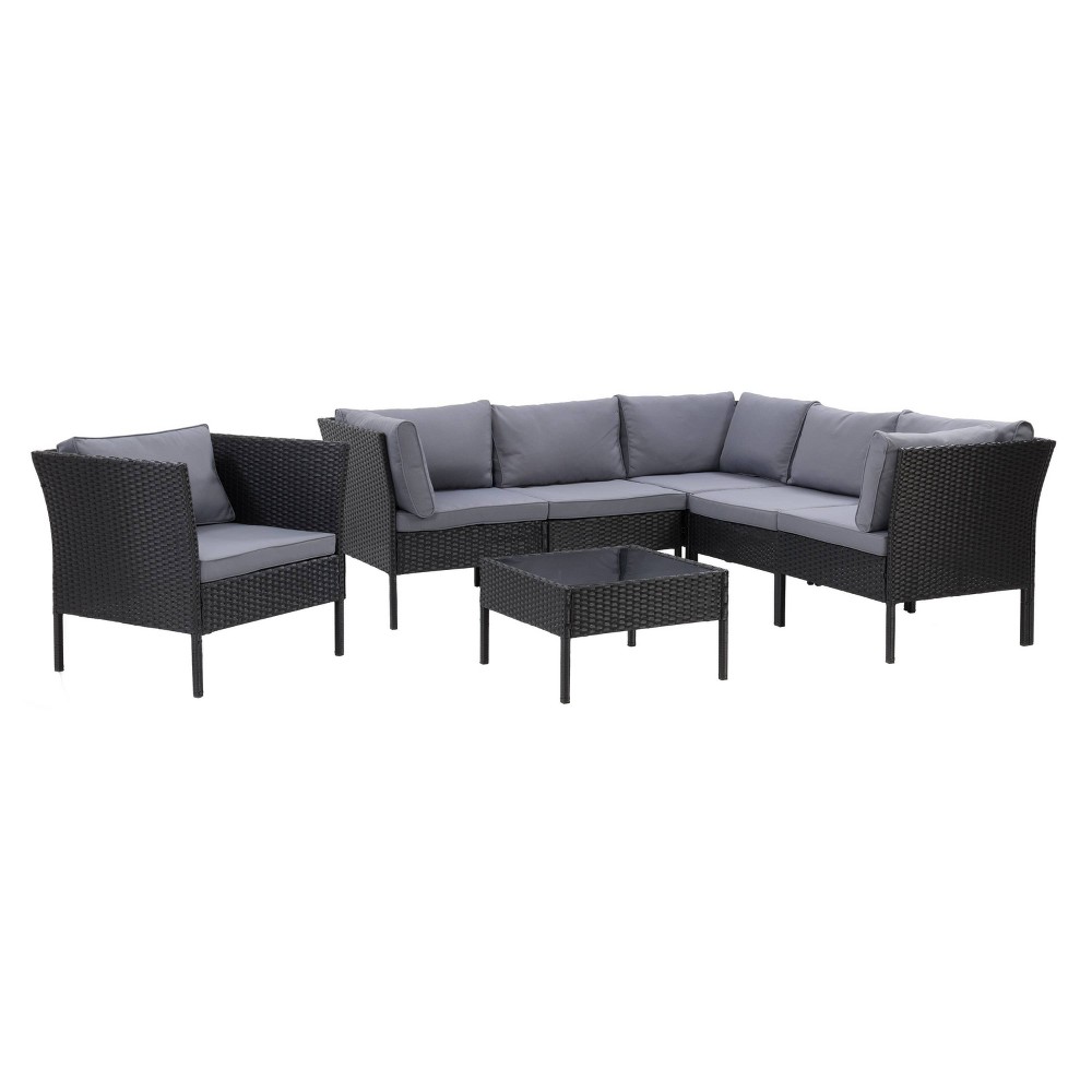 Photos - Garden Furniture CorLiving Parksville 7pc L Shaped Patio Sectional Set with Chair Black/Gra 