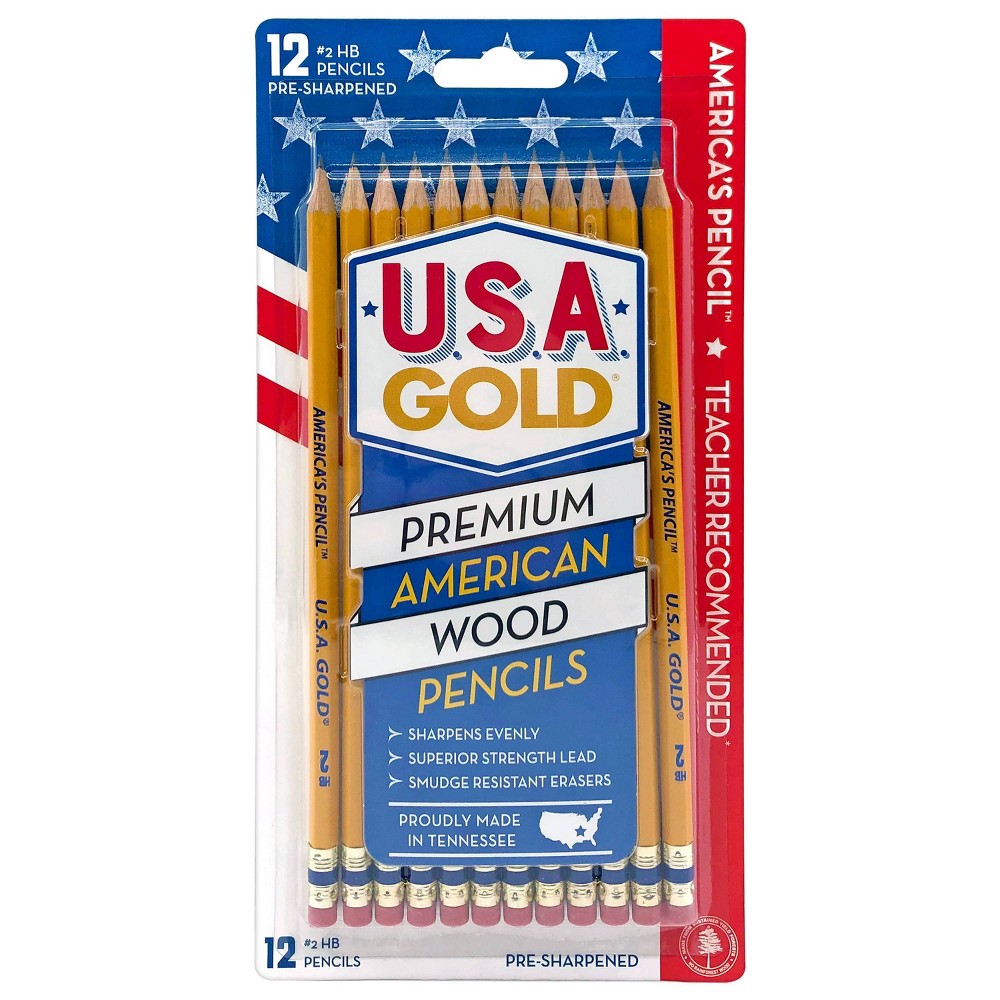 12ct #2 HB Pencils 2mm Pre-sharpened Premium American Wood Yellow - U.S.A. Gold: Wooden Stationery, Latex-Free Eraser