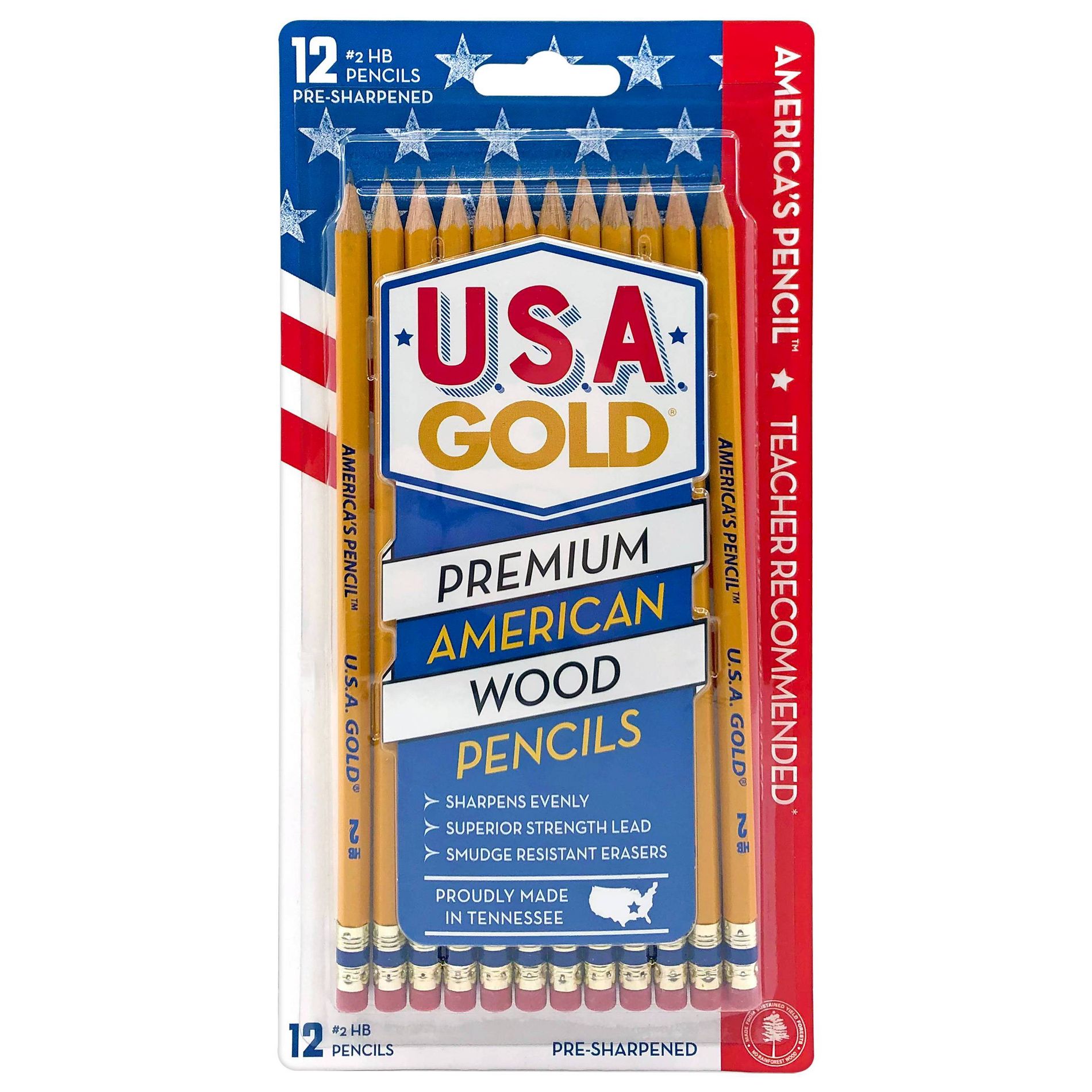 12ct #2 HB Pencils 2mm Pre-sharpened Premium American Wood Yellow - U.S.A. Gold: Wooden Stationery, Latex-Free Eraser