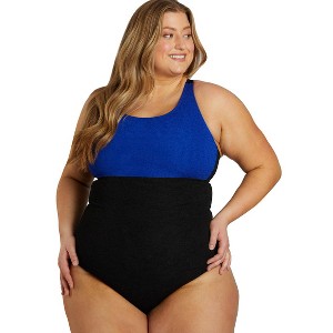 Sporti Sporti Plus Size Textured Chlorine Resistant High Neck Colorblock One Piece Slimsuit II Black/Deep Sea 20W - 1 of 4