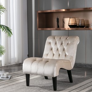 Modern Velvet Armless Accent Living Room Chair / Leisure Chair,Upholstered Fabric Button Comfortable Chair with Wooden Legs for Bedroom - 1 of 4
