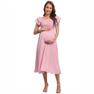 Clearlove Womens Maternity Flutter Short Sleeve Square Neck Summer Casual Dress Smocked Boho Maxi Dress Photoshoot Baby Shower - 1 of 4