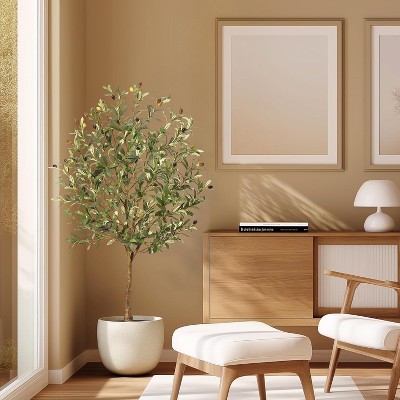Artificial Olive Tree, Tall Fake Olive Trees with Realistic Trunk, Leaves, Fruits, Fake Olive Trees Potted Topiary Tree with Dried Moss for Home