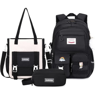 Girls Backpack 3-Piece Set – Black School Bag with Multiple Pockets, Lightweight Bookbag with Lunch Bag & Pencil Case for Teens and Students