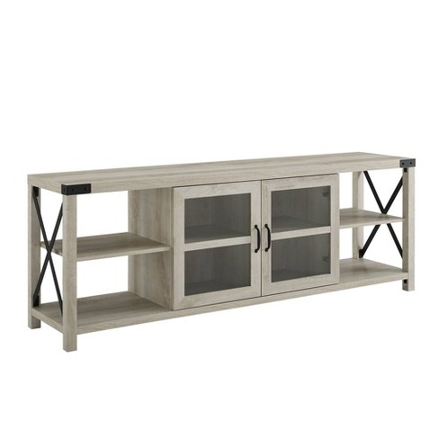 Sophie Rustic Farmhouse X Frame Glass, Oak Tv Cabinet With Glass Doors