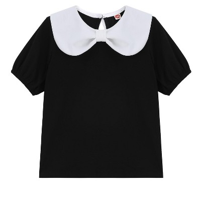 Girls Puff Short Sleeve Summer Top Kids Fashion Shirts Blouse Doll Collar with Cute Bow