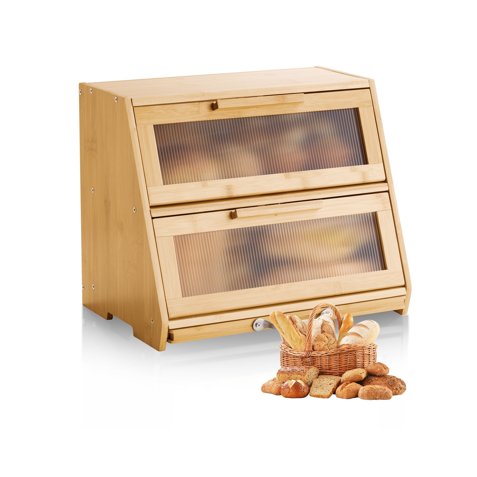 VEVOR Double Layer Bread Box for Kitchen Counter, Large Capacity Bamboo Bread Storage Container, Farmhouse Wooden Breadbox, Natural
